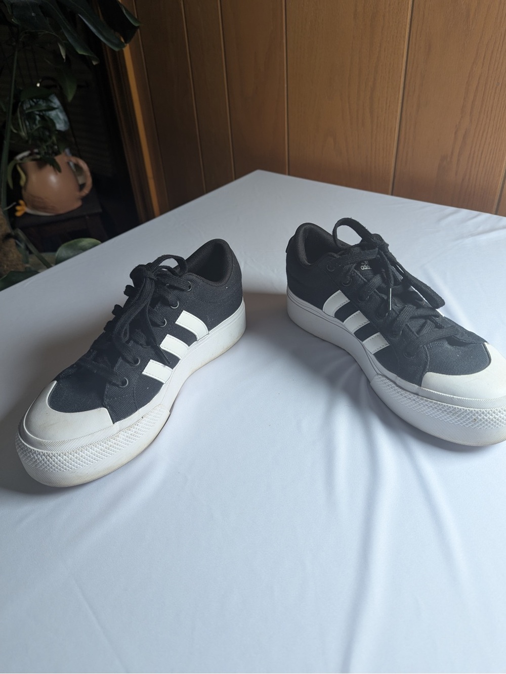 Adidas women’s Black Canvas Low-Top Sneakers with White Stripes - Picture 2 of 7